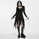 PUNK RAVE Women's Punk Hooded Lace-up Asymmetric Hem Long Sleeve Dress