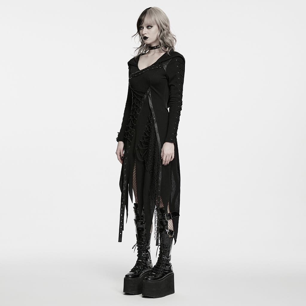 PUNK RAVE Women's Punk Hooded Lace-up Asymmetric Hem Long Sleeve Dress