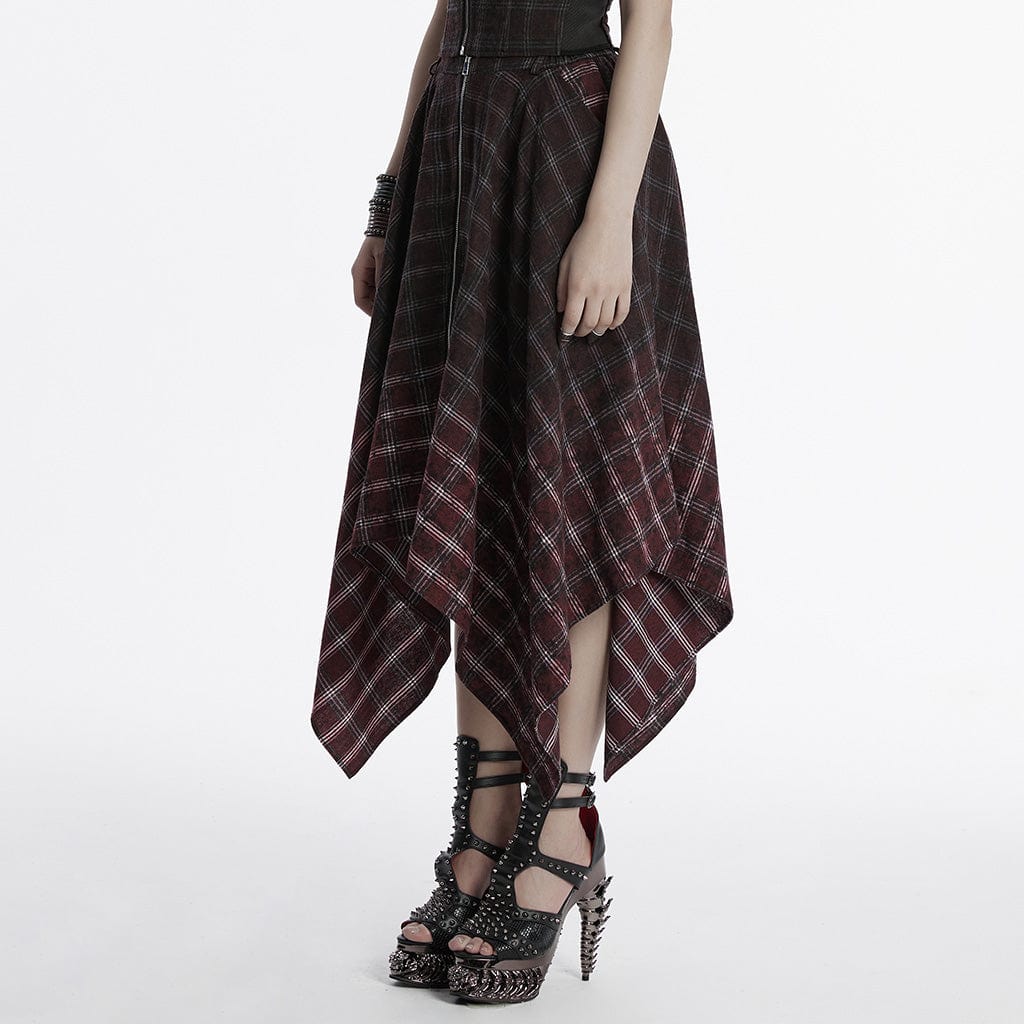 PUNK RAVE Women's Punk Irregular Gradient Plaid Skirt