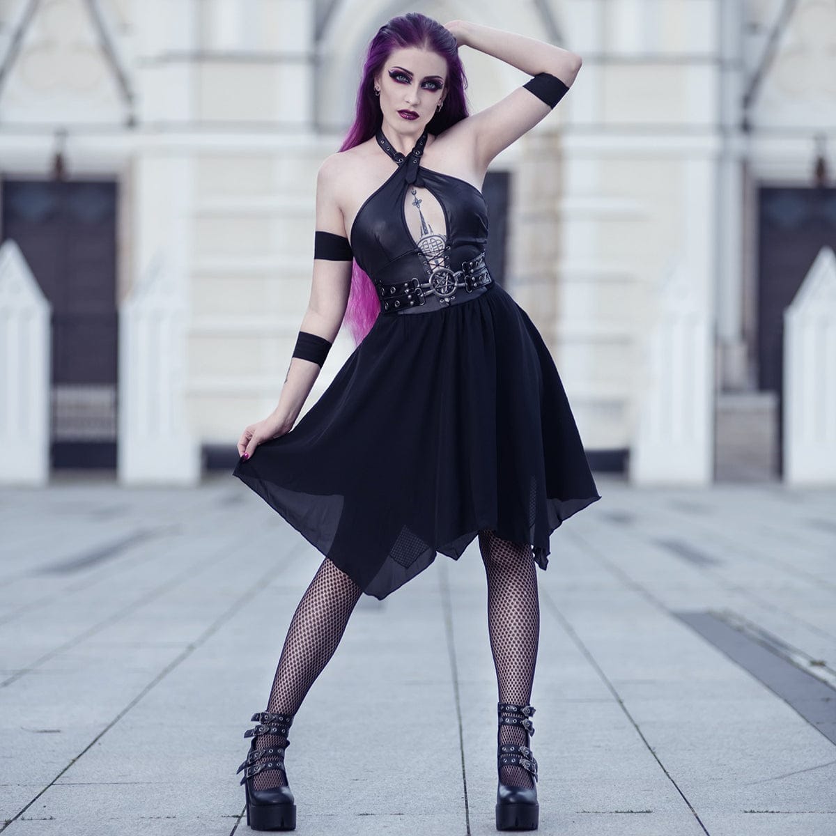 PUNK RAVE Women's Punk Irregular Plunging Halterneck Party Dress