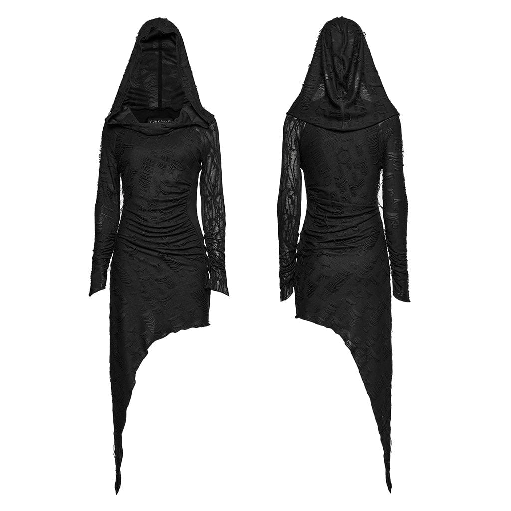 PUNK RAVE Women's Punk Irregular Ripped Music Festival Dress with Hood