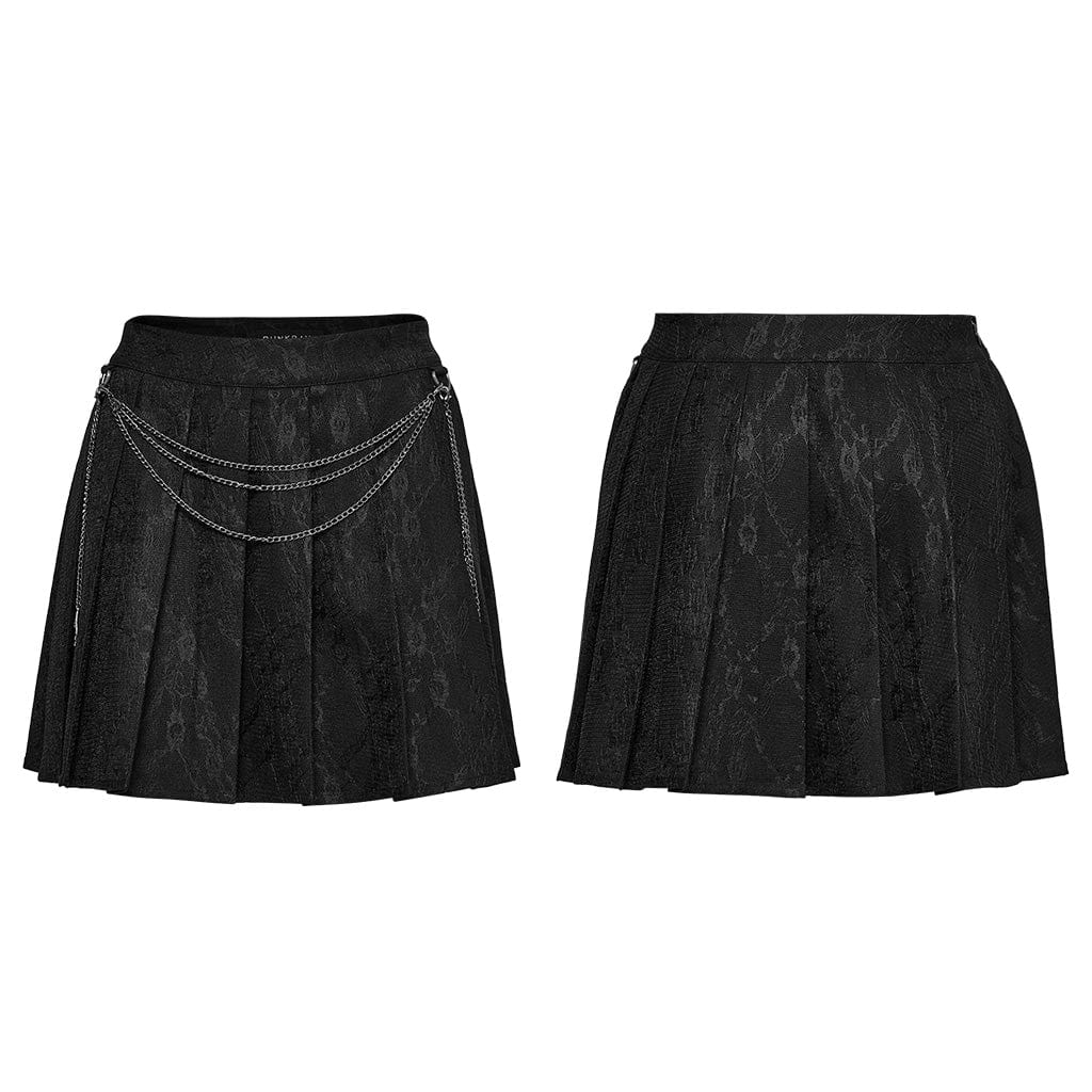 PUNK RAVE Women's Punk Lace Splice Black Pleated Skirt with Chain