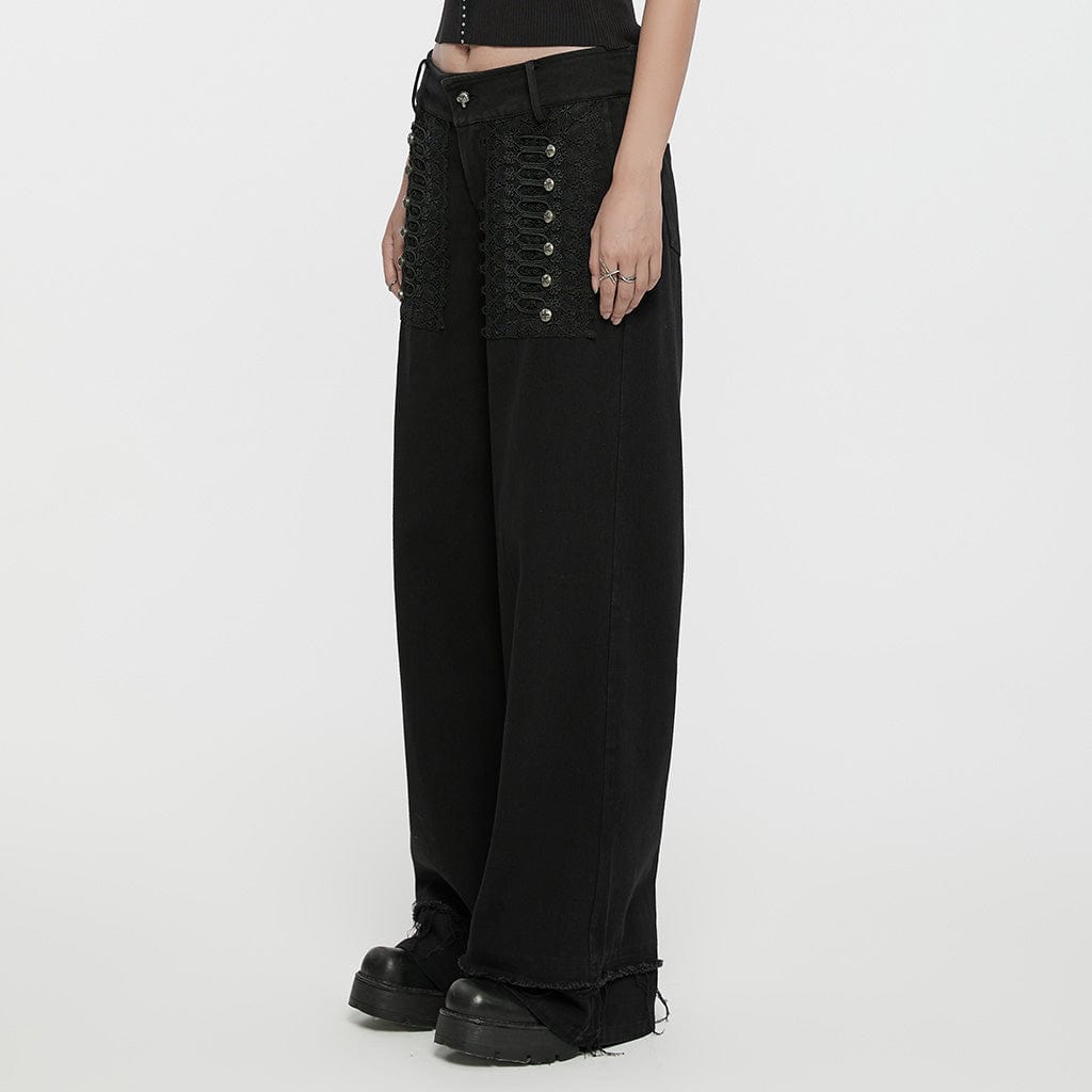 PUNK RAVE Women's Punk Lace Splice Unedged Denim Pants