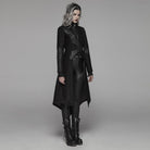 PUNK RAVE Women's Punk Lace-Up Buckle Faux Leather Long Jacket