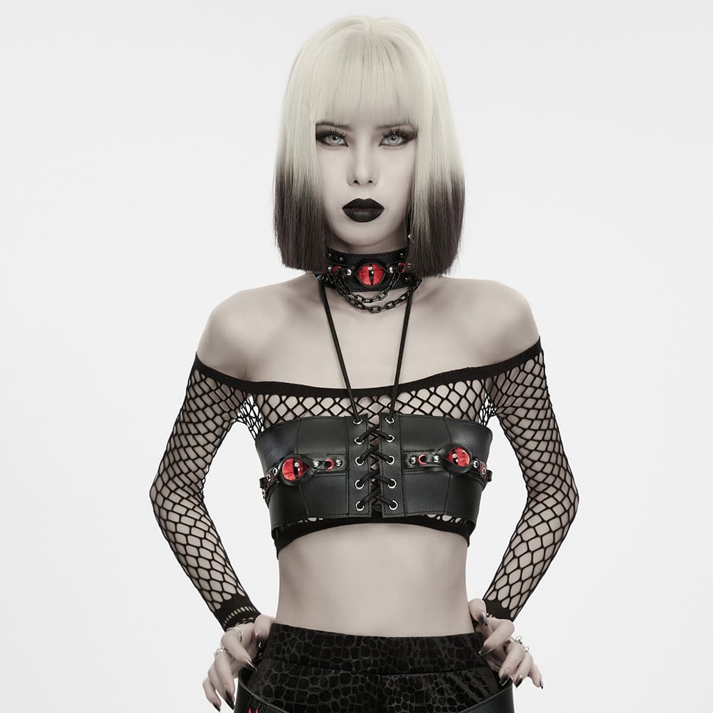 PUNK RAVE Women's Punk Lace-up Evil Eye Halter Bustier