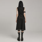 PUNK RAVE Women's Punk Lace-Up Eyelet Long Vest with Hood