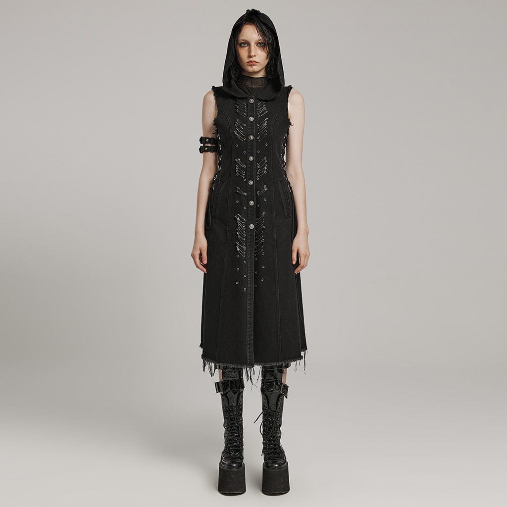 PUNK RAVE Women's Punk Lace-Up Eyelet Long Vest with Hood