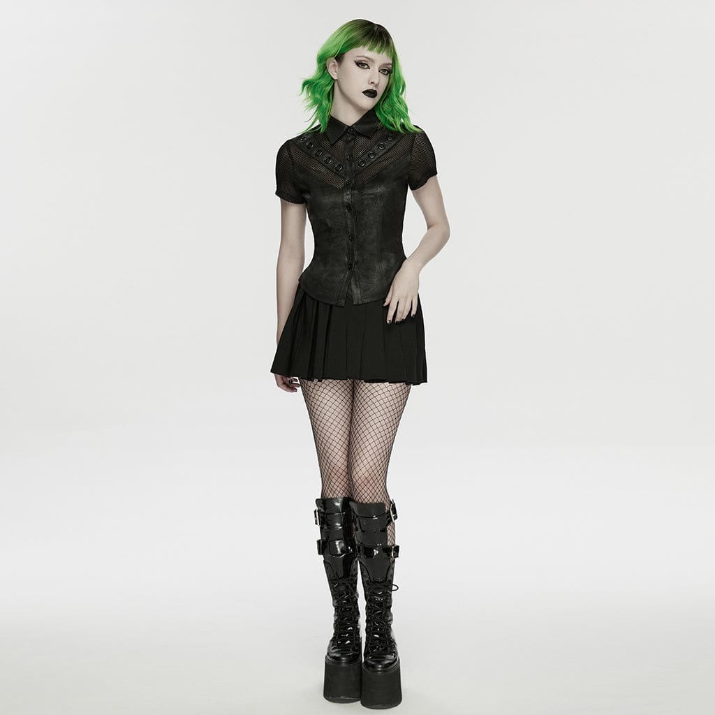 PUNK RAVE Women's Punk Lace-up Eyelet Mesh Short Sleeved Shirt