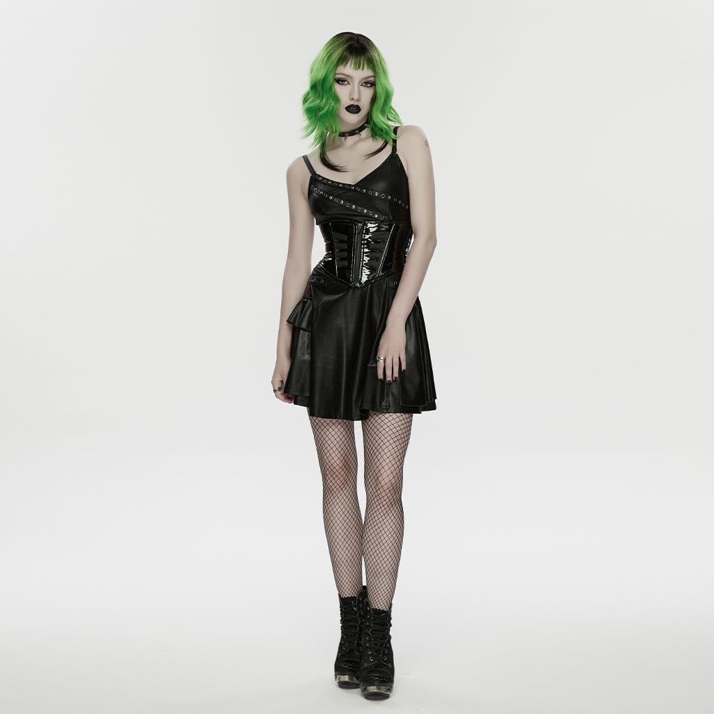 PUNK RAVE Women's Punk Lace-up Eyelet Strap Slip Dress