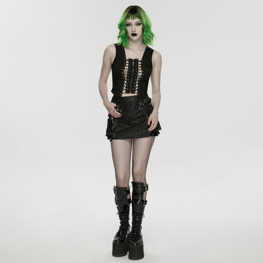 PUNK RAVE Women's Punk Lace-up Hollow Tank Top