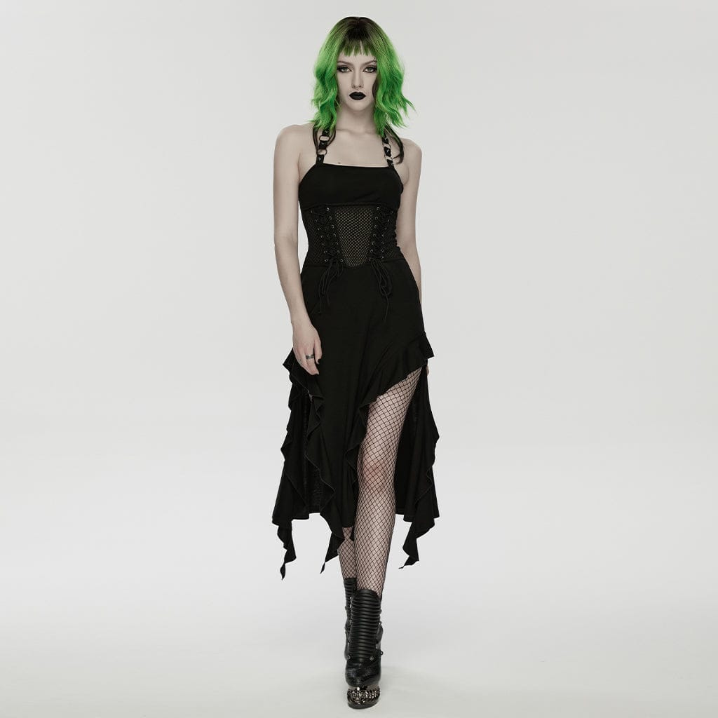 PUNK RAVE Women's Punk Lace-up Irregular Hem Halterneck Dress
