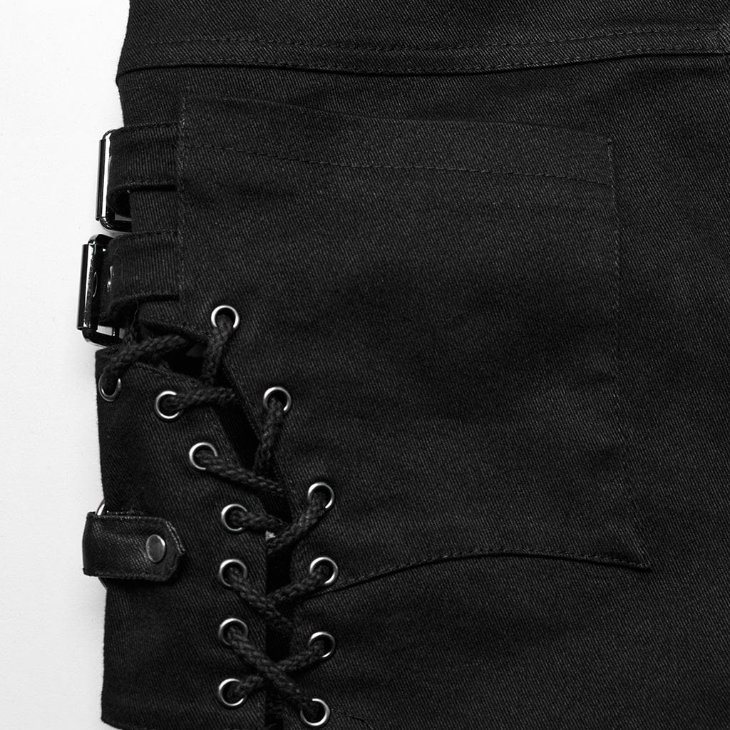 PUNK RAVE Women's Punk Lace-Up Mesh Buckle Shorts