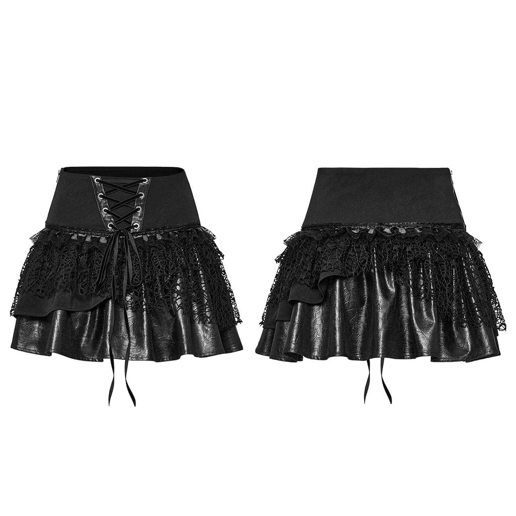 PUNK RAVE Women's Punk Lace-up Mesh Splice Layered Skirt