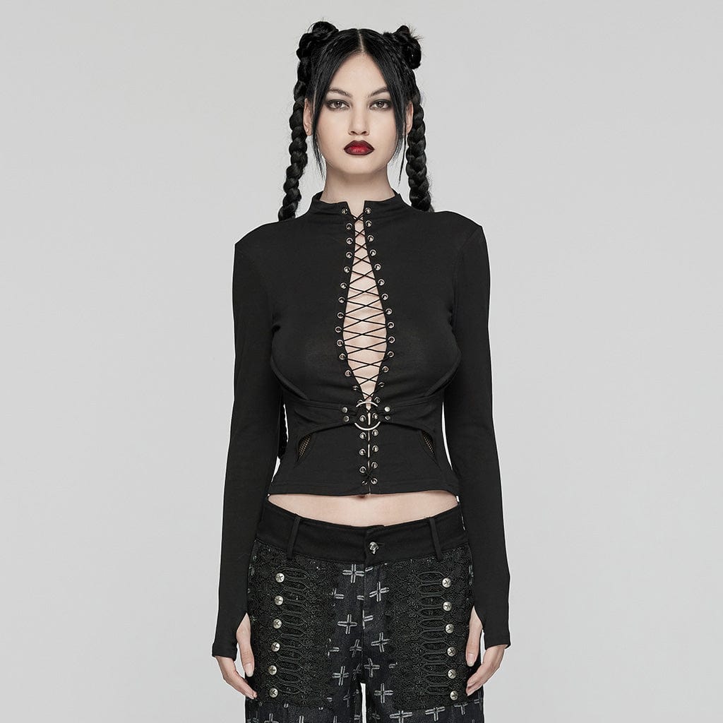 PUNK RAVE Women's Punk Lace-up Mesh Splice Shirt