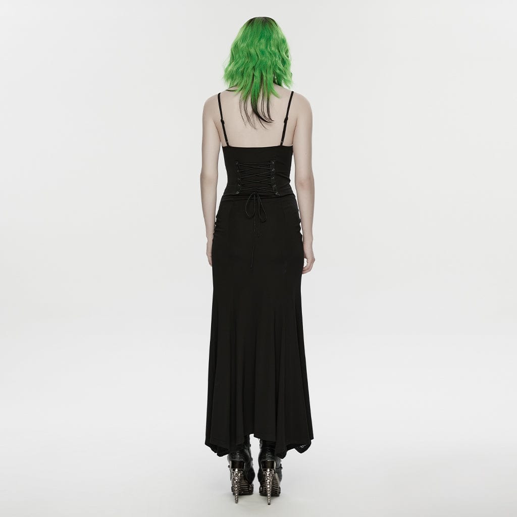 PUNK RAVE Women's Punk Lace-up Mesh Splice Slip Dress