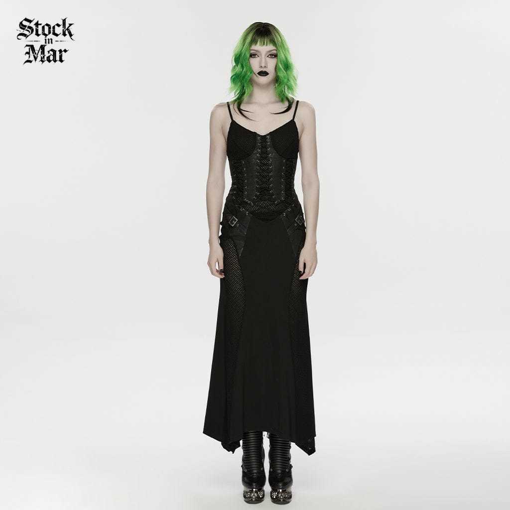 PUNK RAVE Women's Punk Lace-up Mesh Splice Slip Dress