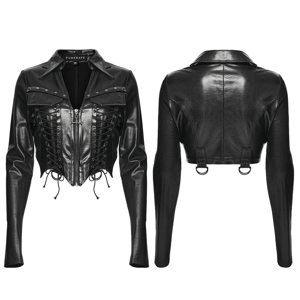 PUNK RAVE Women's Punk Lace-up Turn-down Collar Jacket
