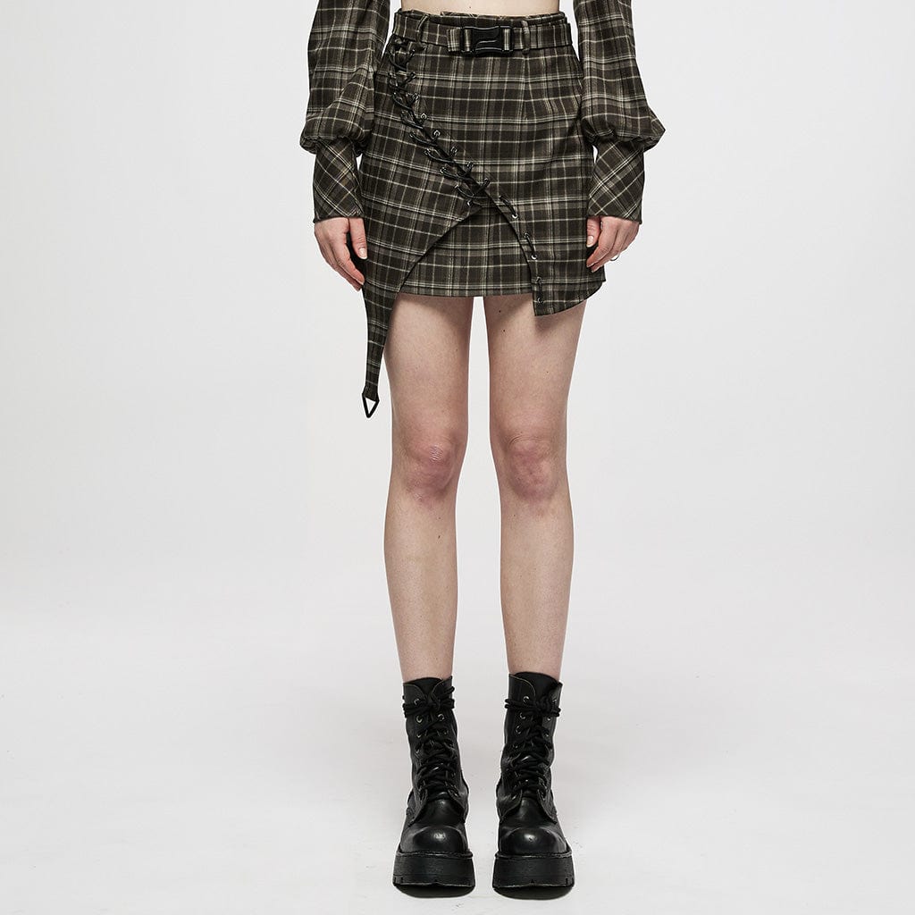 PUNK RAVE Women's Punk Lacing-up Jacquard Short Skirt With Belt