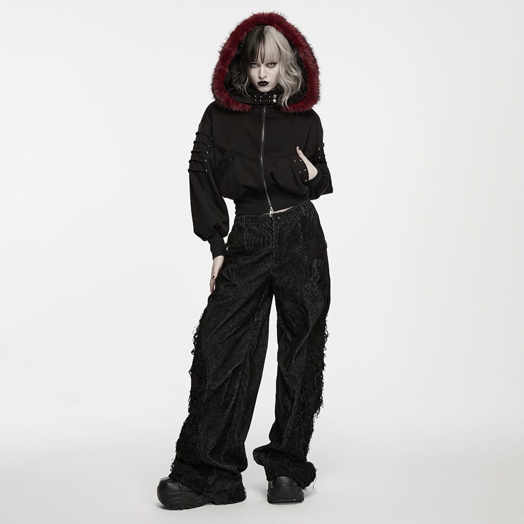 PUNK RAVE Women's Punk Loose Distressed Ruched Wide Leg Pants