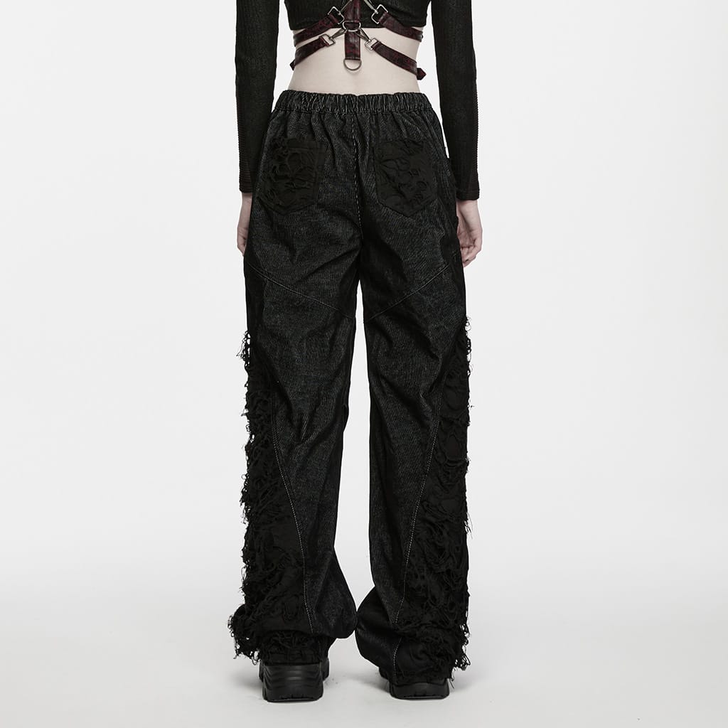 PUNK RAVE Women's Punk Loose Distressed Ruched Wide Leg Pants