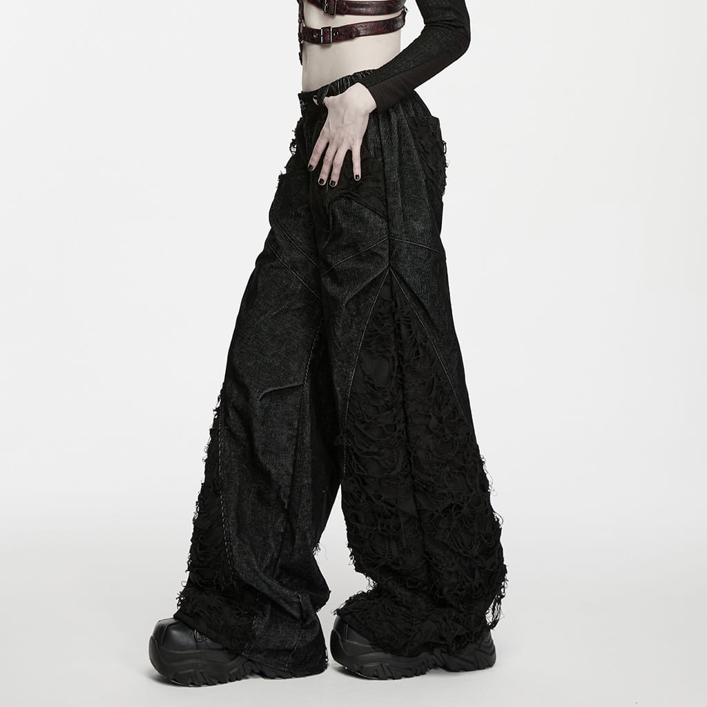 PUNK RAVE Women's Punk Loose Distressed Ruched Wide Leg Pants