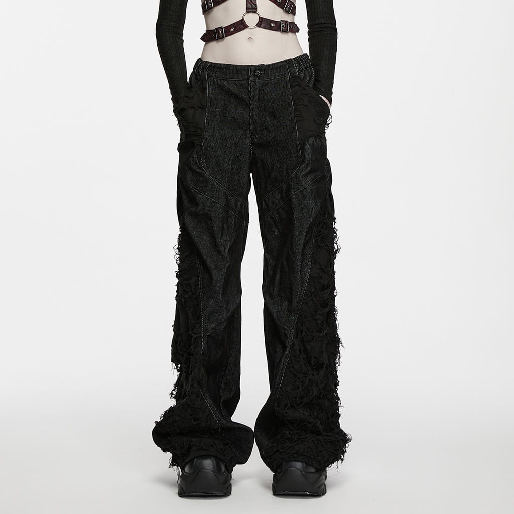 PUNK RAVE Women's Punk Loose Distressed Ruched Wide Leg Pants