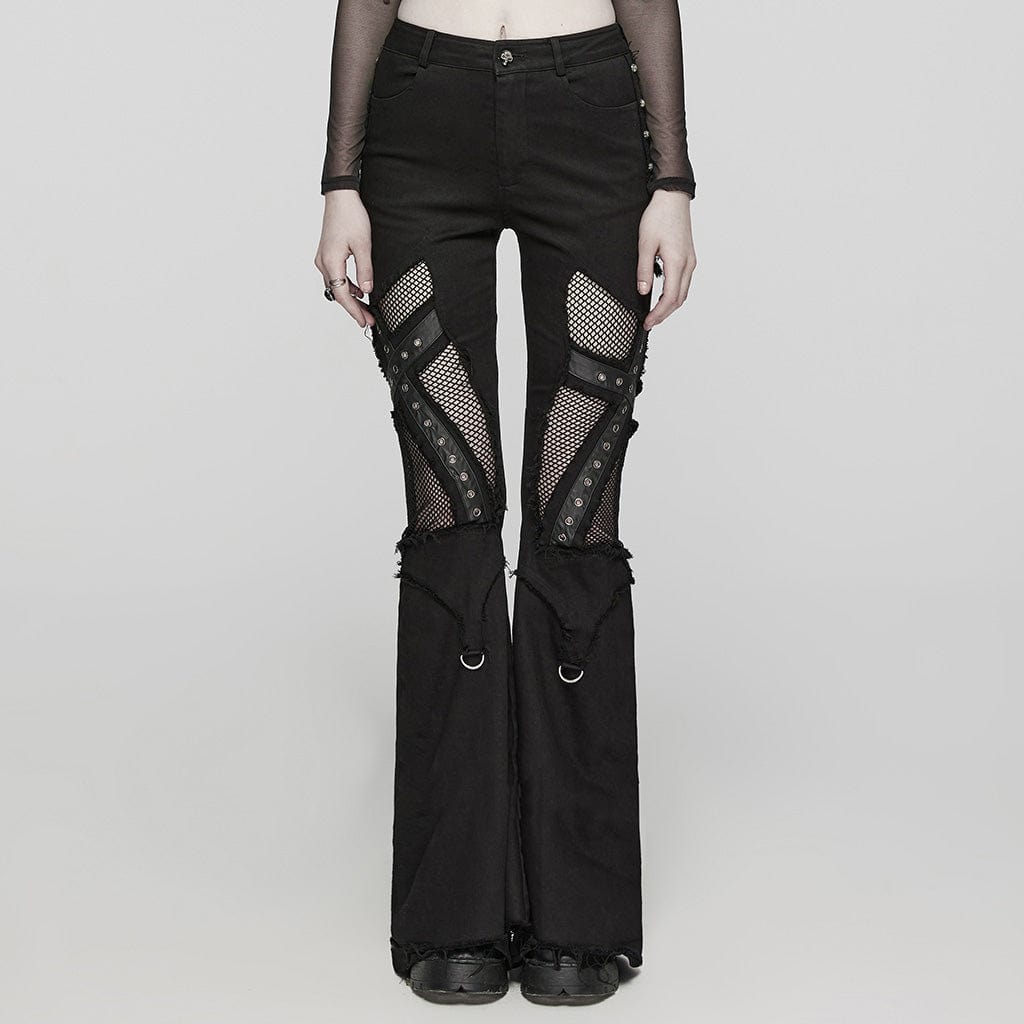 PUNK RAVE Women's Punk Mesh Eyelet Ring Flared Pants