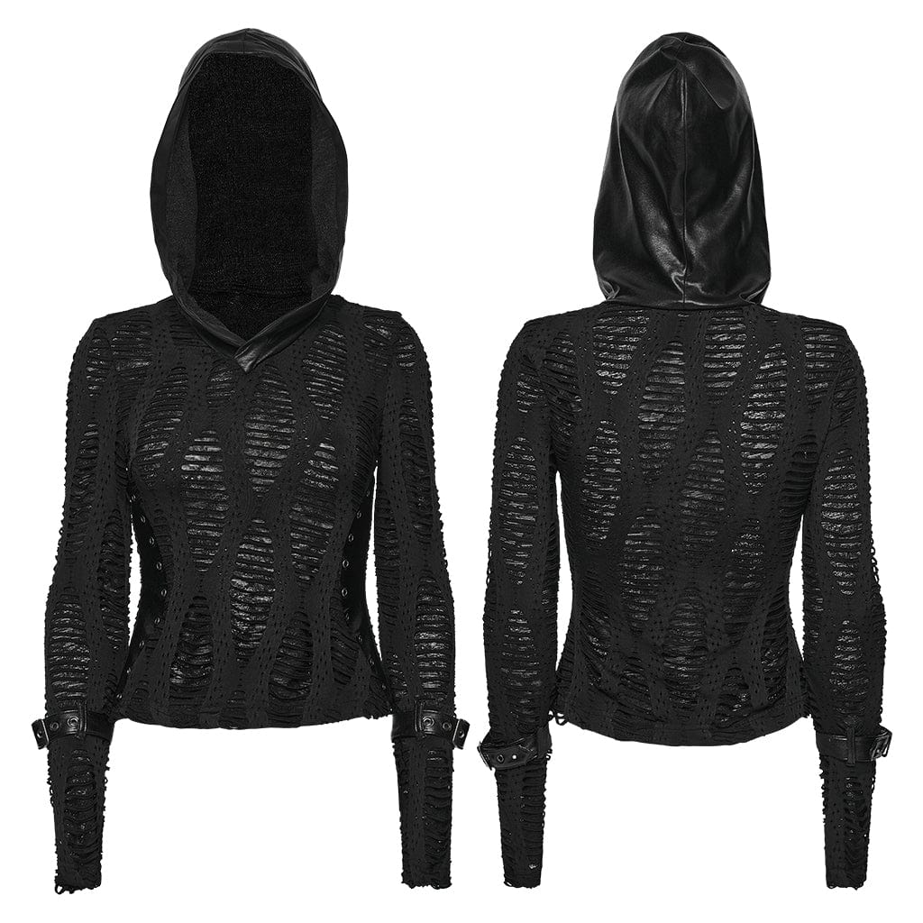 PUNK RAVE Women's Punk Mesh Splice Buckle Strap Top