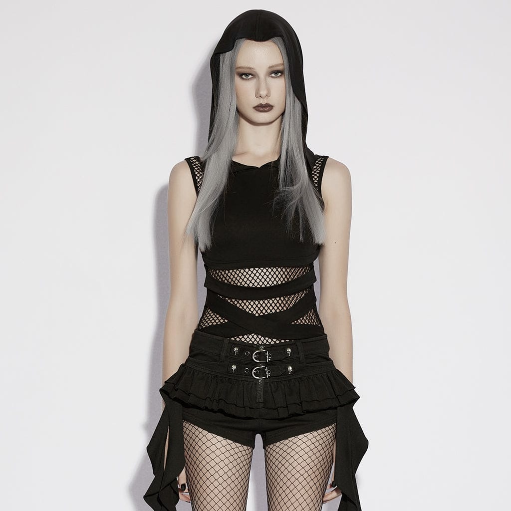 PUNK RAVE Women's Punk Mesh Splice Cutout Hooded Tank Top