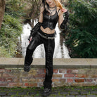 PUNK RAVE Women's Punk Mesh Splice Faux Leather Flared Pants