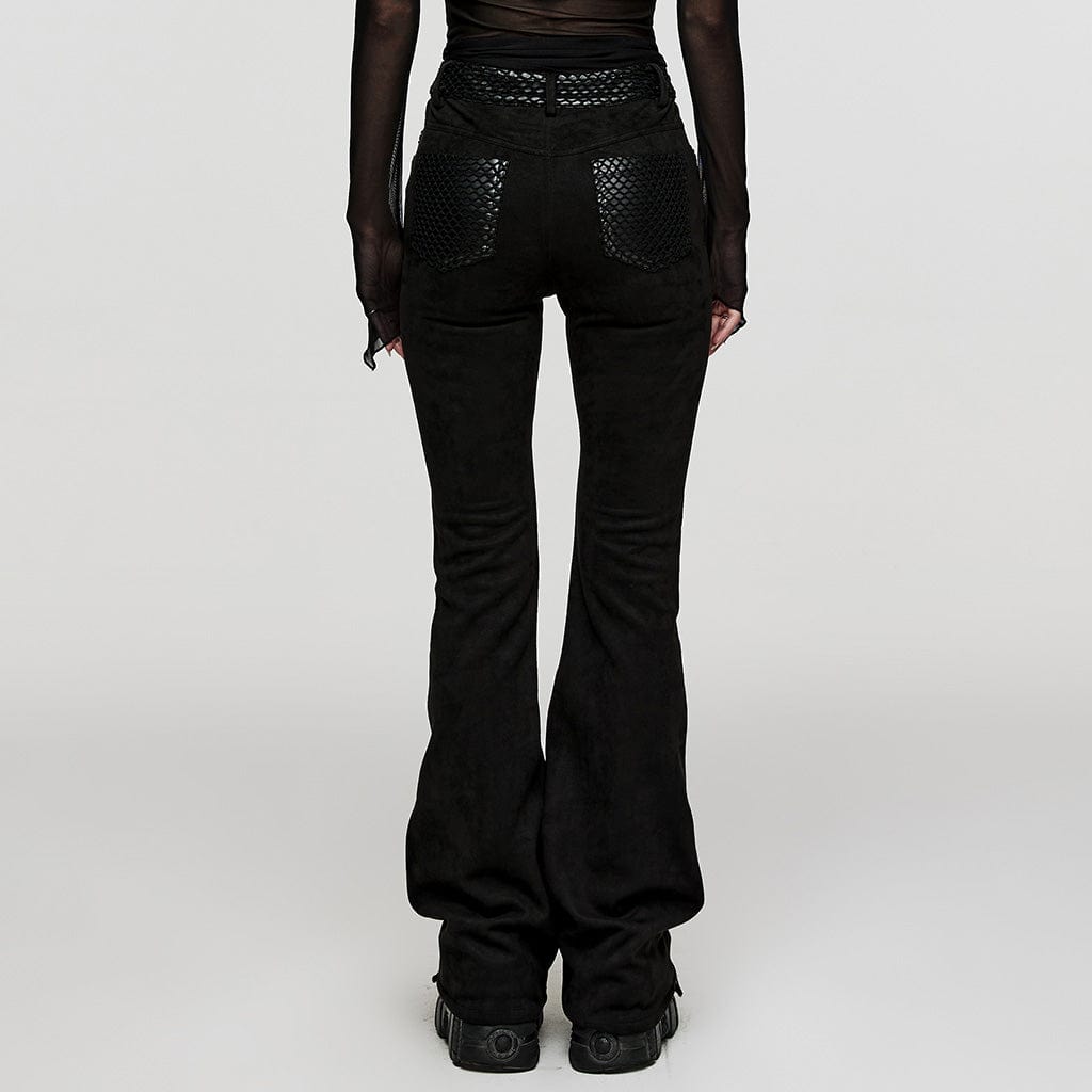 PUNK RAVE Women's Punk Mesh Splice Faux Leather Flared Pants