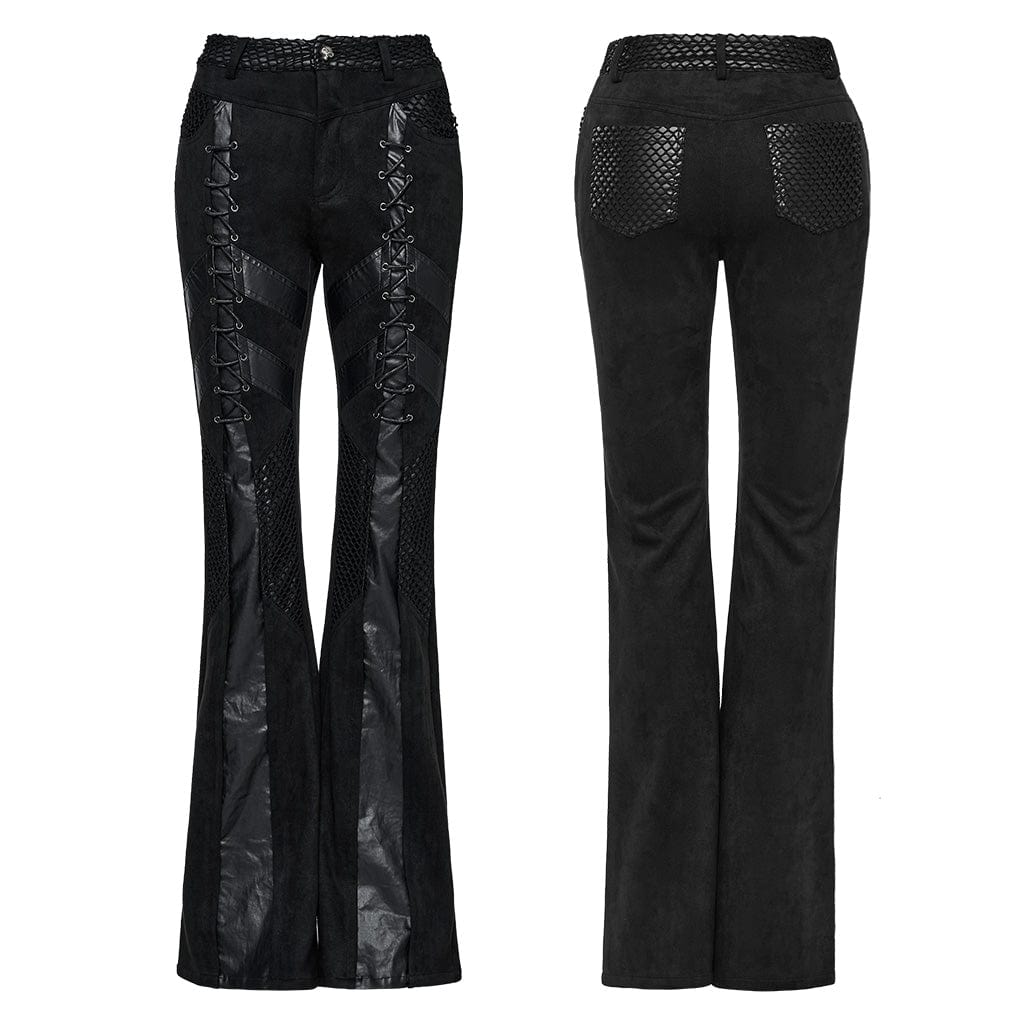 PUNK RAVE Women's Punk Mesh Splice Faux Leather Flared Pants