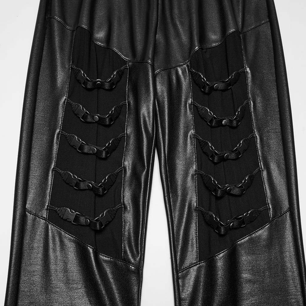 PUNK RAVE Women's Punk Mesh Splice Multi Buckle Strap Leggings