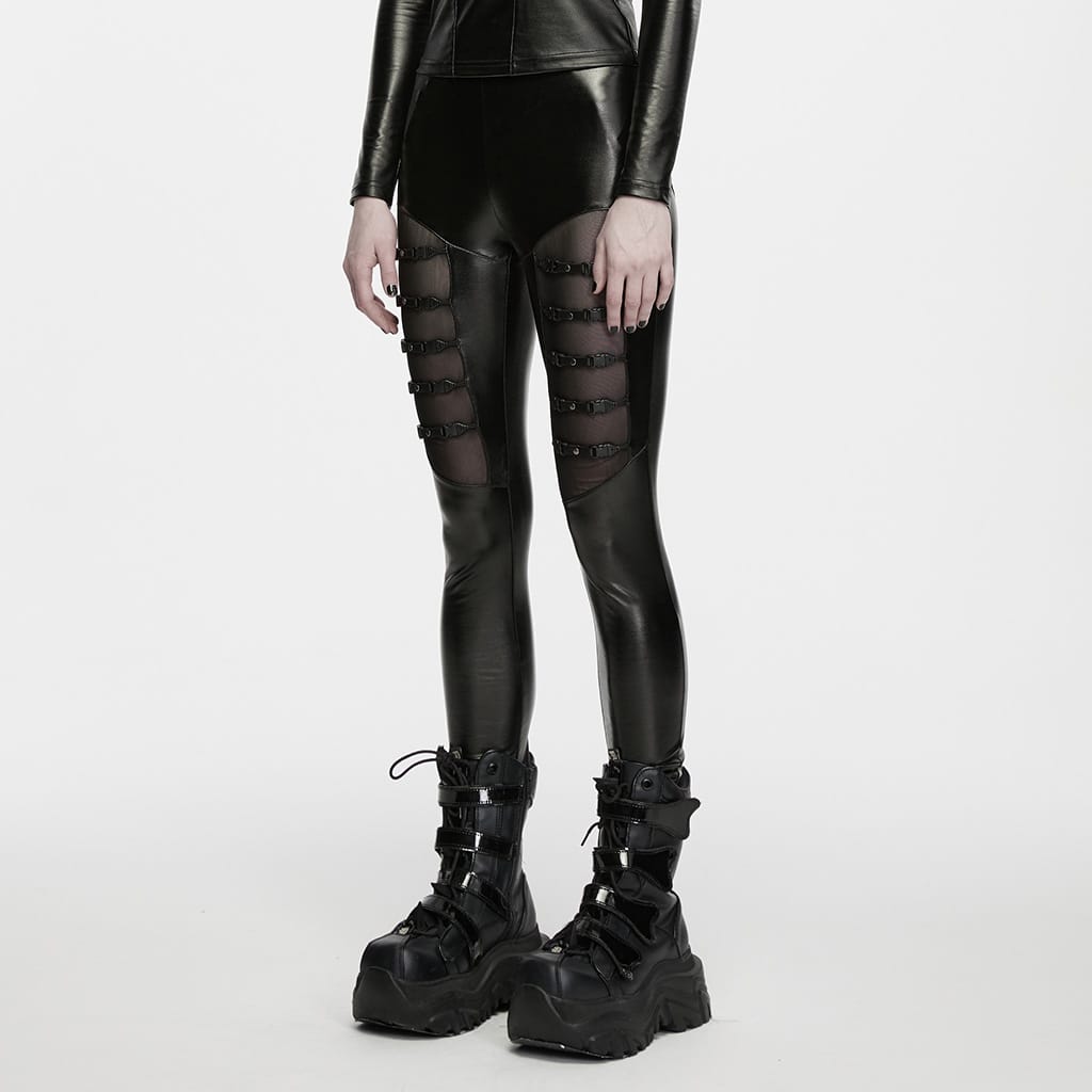 PUNK RAVE Women's Punk Mesh Splice Multi Buckle Strap Leggings