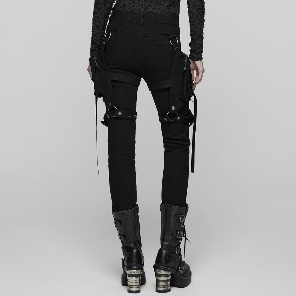PUNK RAVE Women's Punk Mesh Splice Pants with Detachable Leg Bags