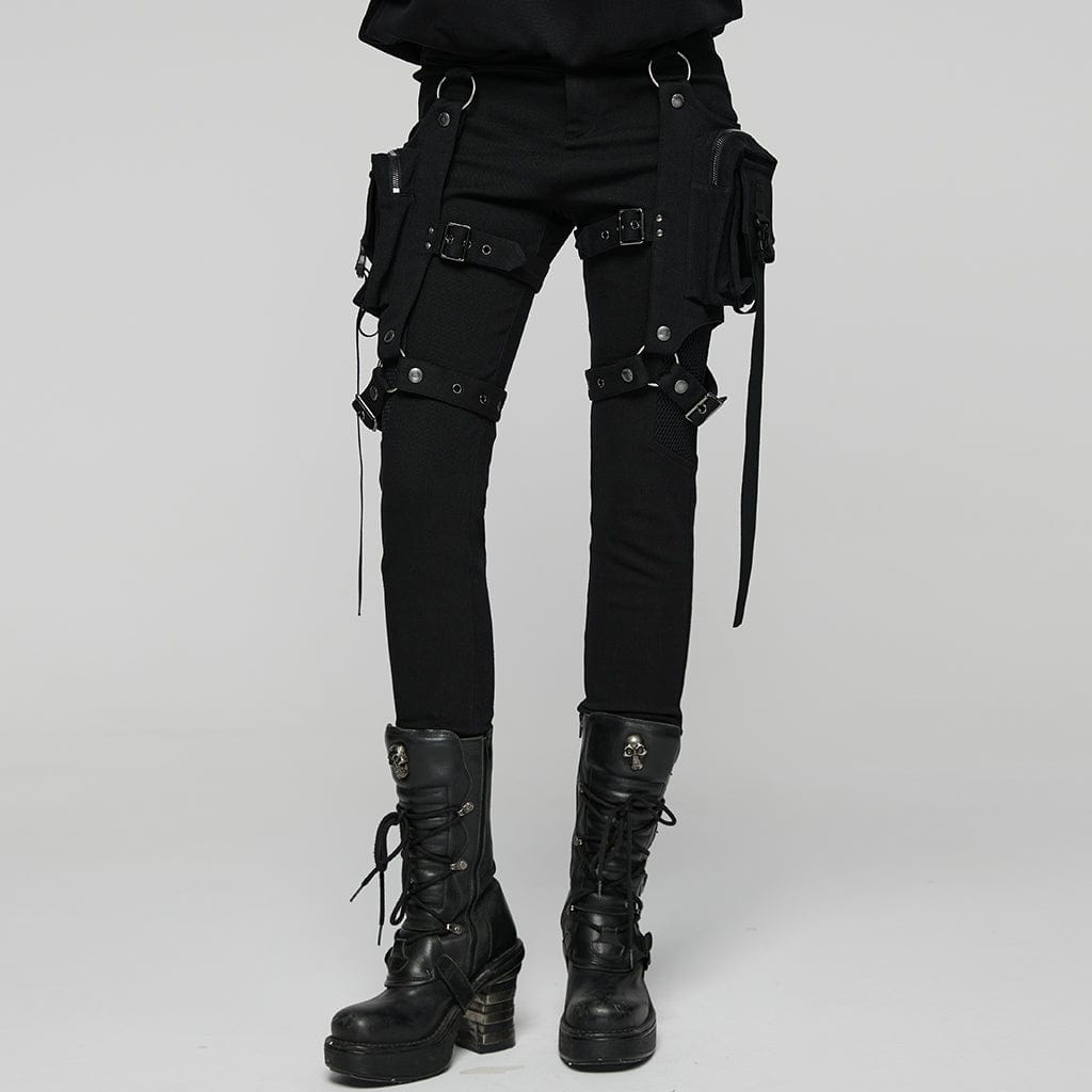 PUNK RAVE Women's Punk Mesh Splice Pants with Detachable Leg Bags