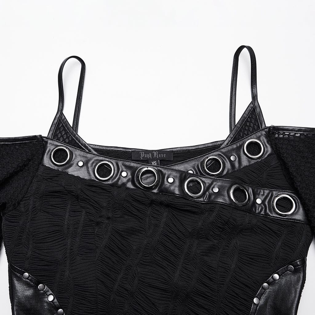 PUNK RAVE Women's Punk Mesh Splice Ruched Off-shoulder Dress