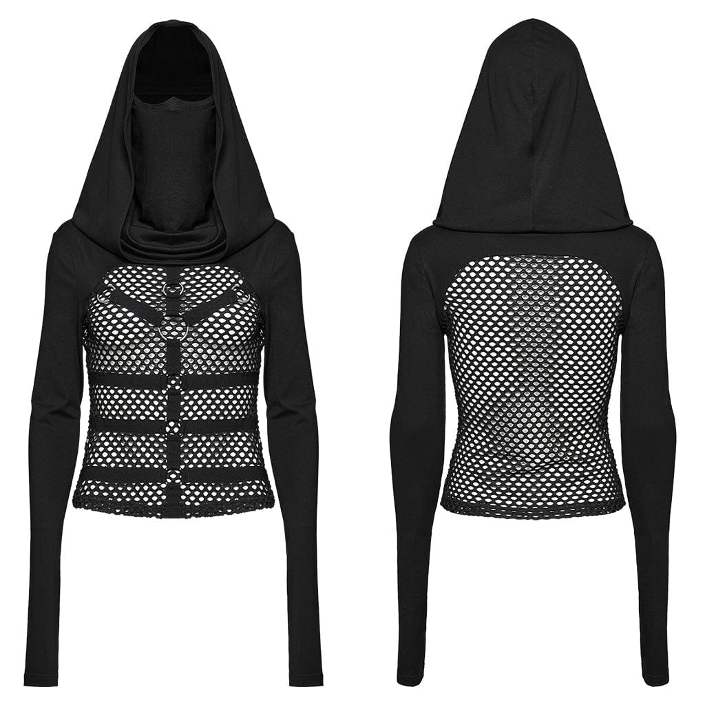 PUNK RAVE Women's Punk Mesh Splice Sheer Hoodies