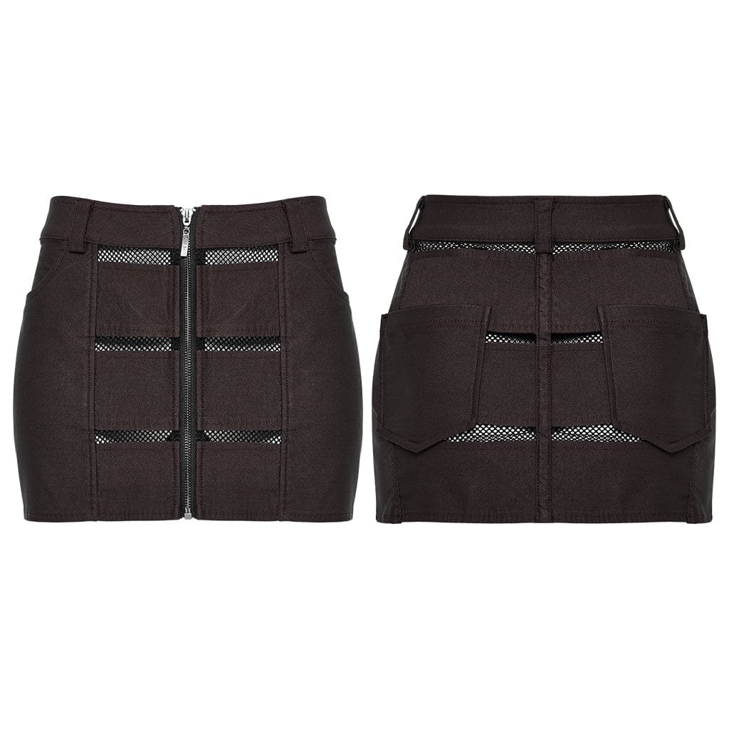 PUNK RAVE Women's Punk Mesh Splice Zipper Skirt Coffee