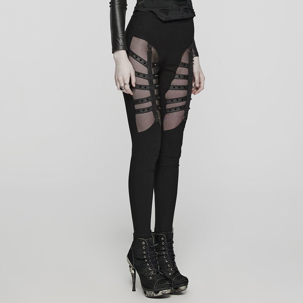 PUNK RAVE Women's Punk Mesh Strappy Stud Leggings