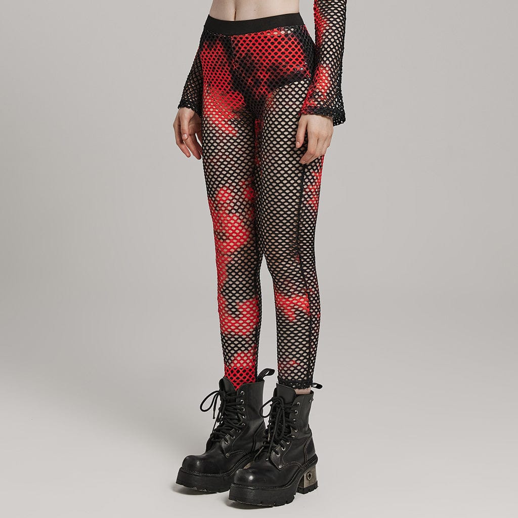 Women's Punk Mesh Tie-dyed Leggings Black-Red – Punk Design