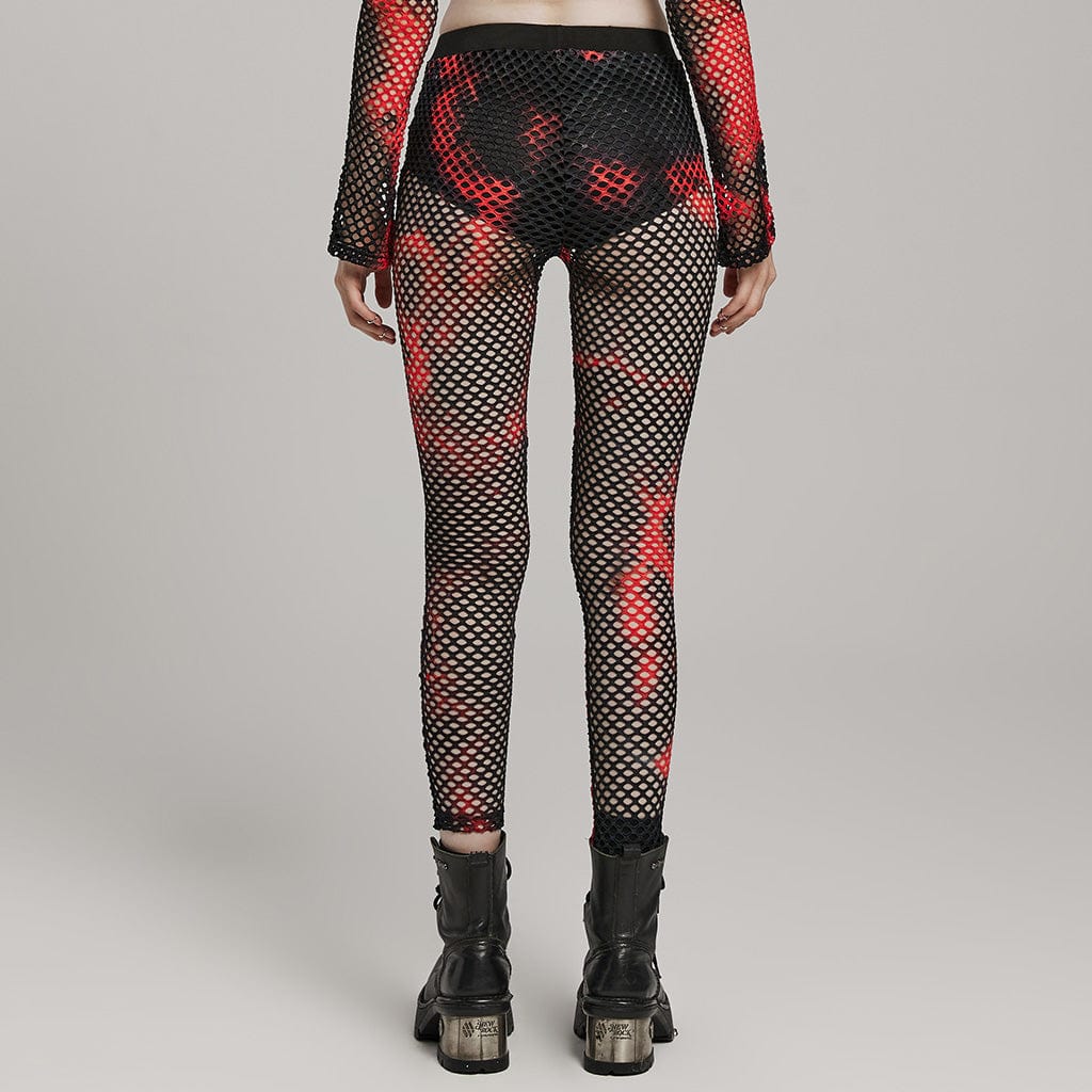 PUNK RAVE Women's Punk Mesh Tie-dyed Leggings Black-Red