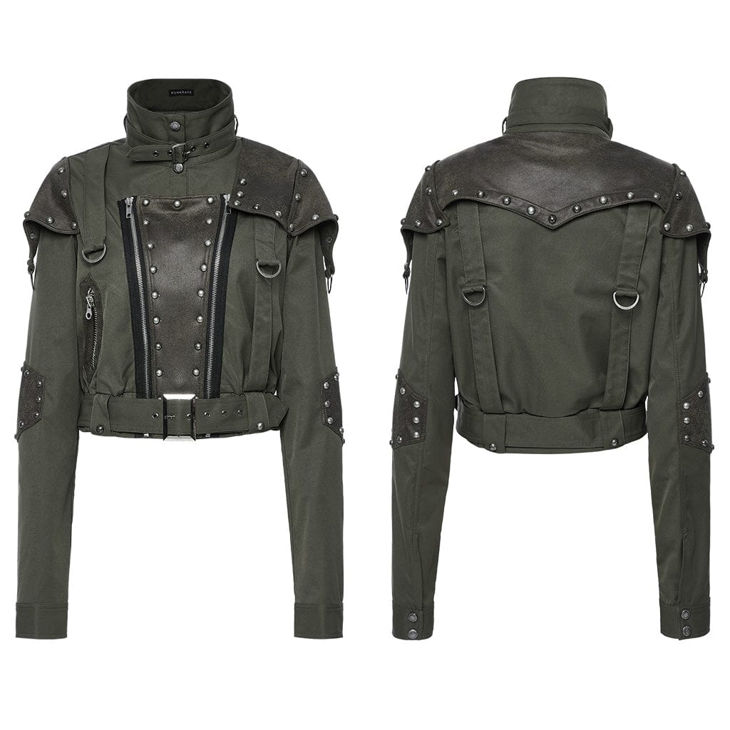 PUNK RAVE Women's Punk Military Stand Collar Faux Leather Splice Jacket