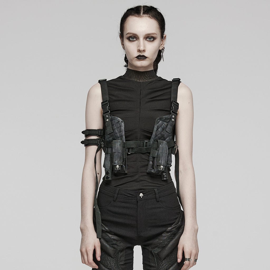 PUNK RAVE Women's Punk Military Style Skull Harness with Pockets