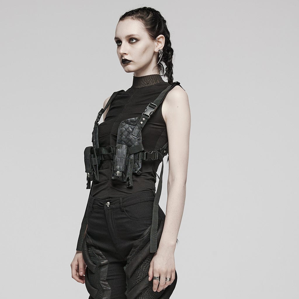 PUNK RAVE Women's Punk Military Style Skull Harness with Pockets