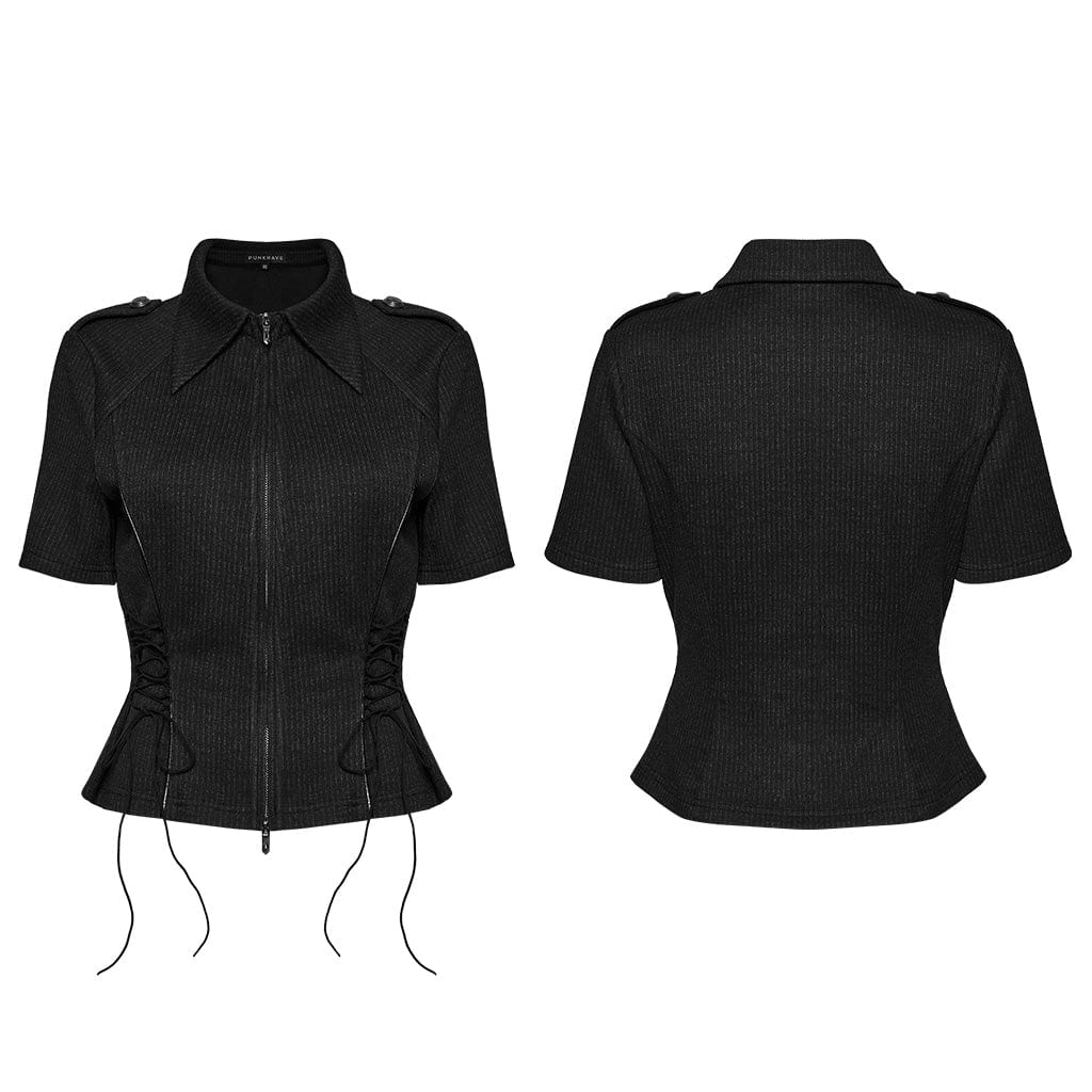 PUNK RAVE Women's Punk Military Turn-down Collar Lace-up Knitted Shirt