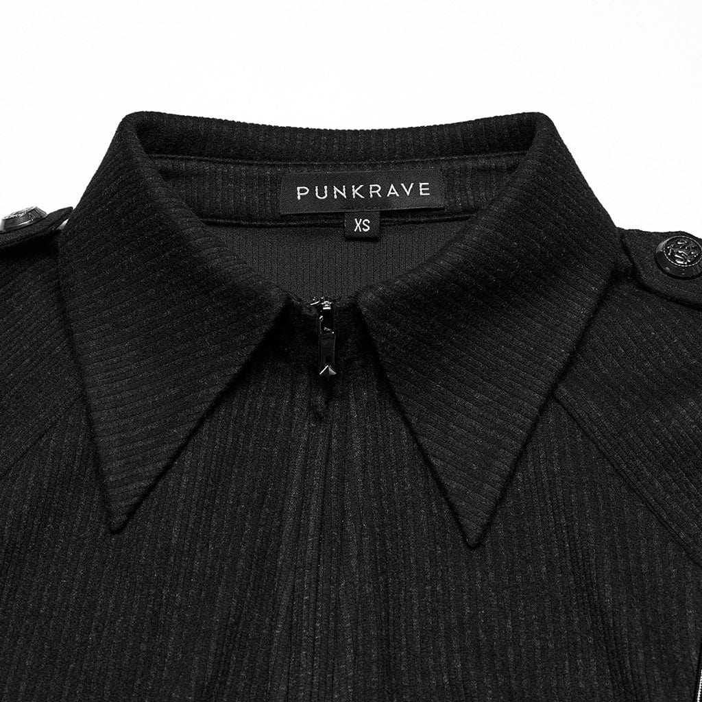 PUNK RAVE Women's Punk Military Turn-down Collar Lace-up Knitted Shirt