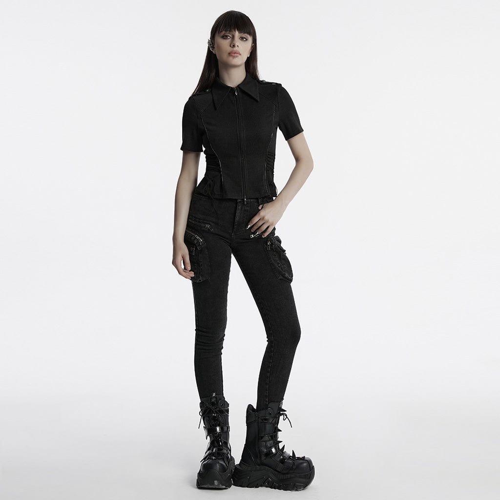 PUNK RAVE Women's Punk Military Turn-down Collar Lace-up Knitted Shirt