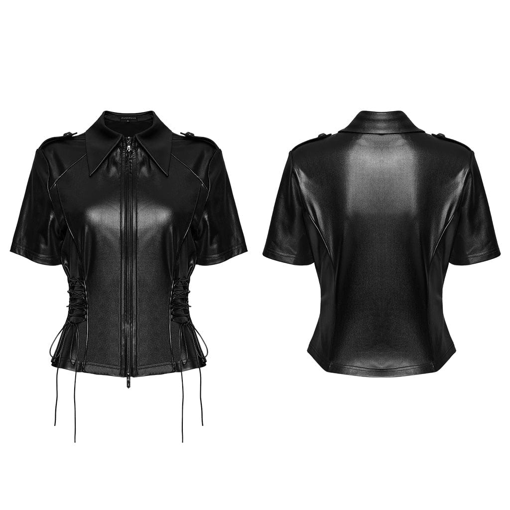 PUNK RAVE Women's Punk Military Turn-down Collar Lace-up Shirt