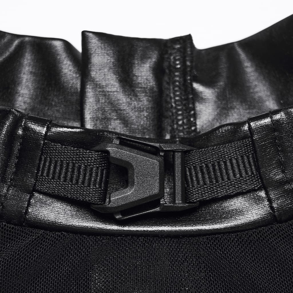 PUNK RAVE Women's Punk Mock Neck Mesh Splice Multi Buckle Strap Long Sleeve Top